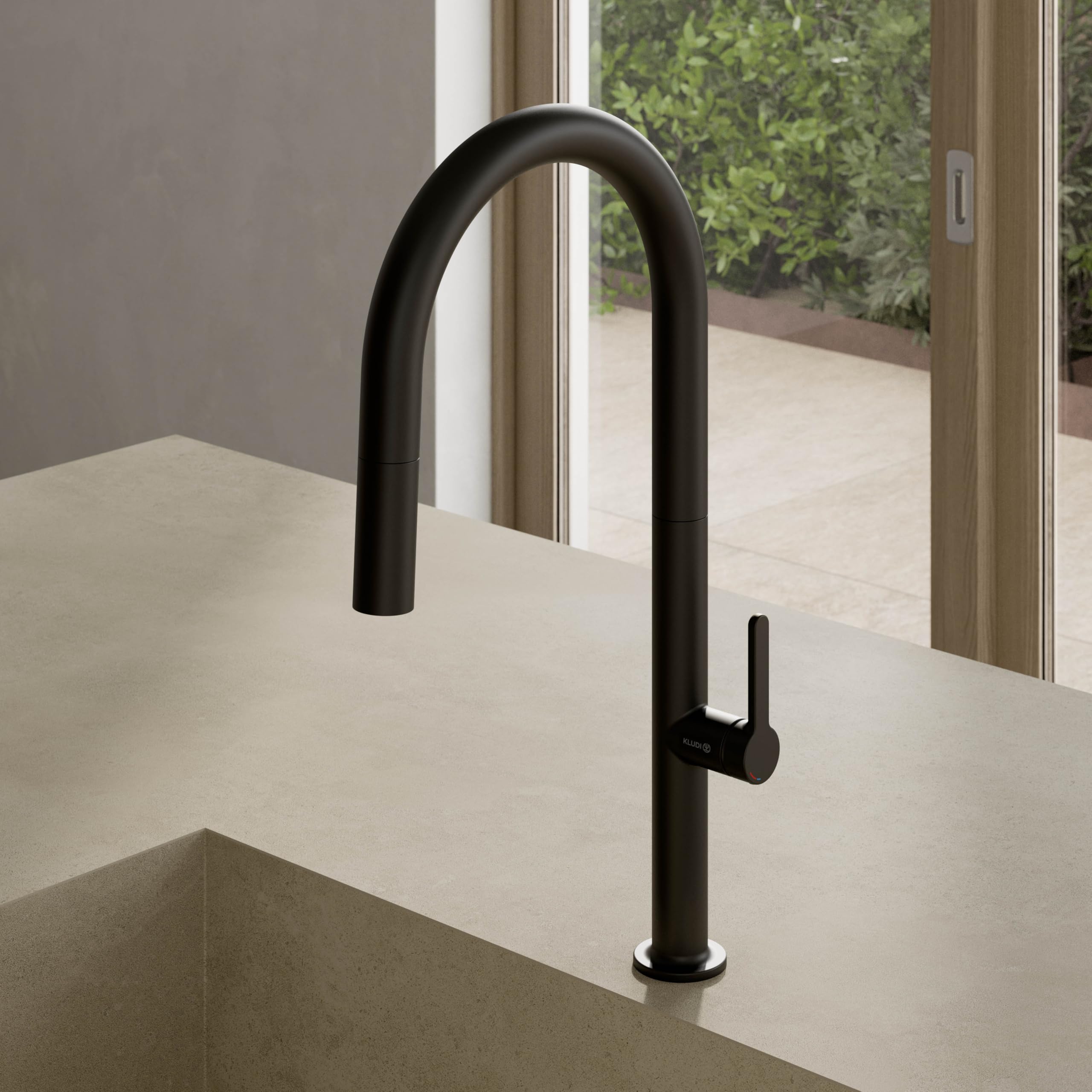 KLUDI Rubinetto cucina Aurea (nero opaco) - Girevole a 360 gradi Miscelatore monocomando per lavello con tubo estraibile e doccetta con pulsante di commutazione, 2 modalità, rubinetto cucina