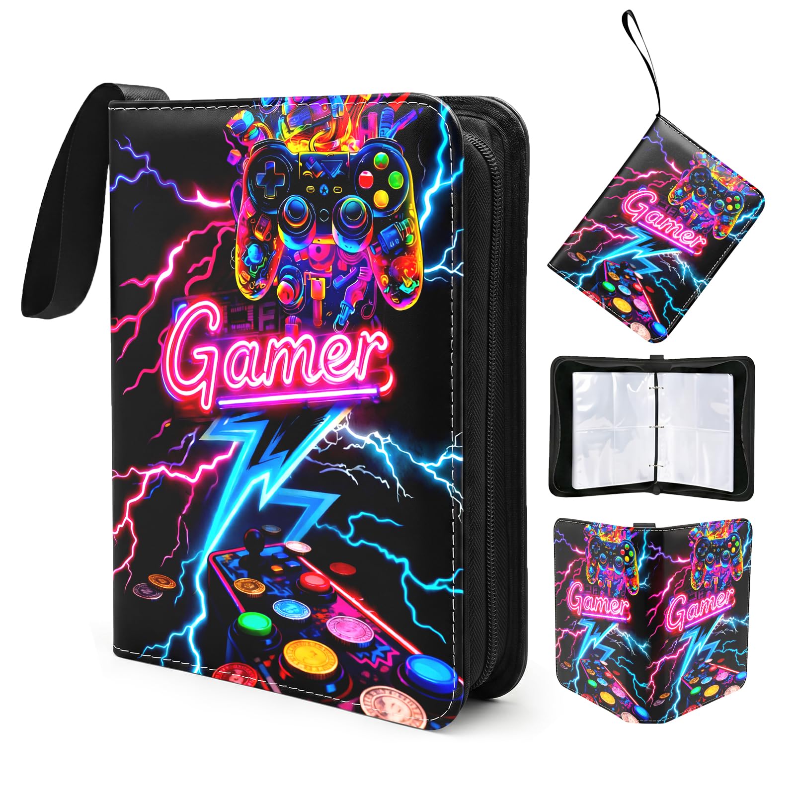 Gamer Card Binder 4 Pocket, PU Cover Trading Card Binder 50 Pages Holding 400 Pockets, Waterproof Zipper Card Folder with Portable Handle, Cool Cards Collection Folder for Adult, Collectors