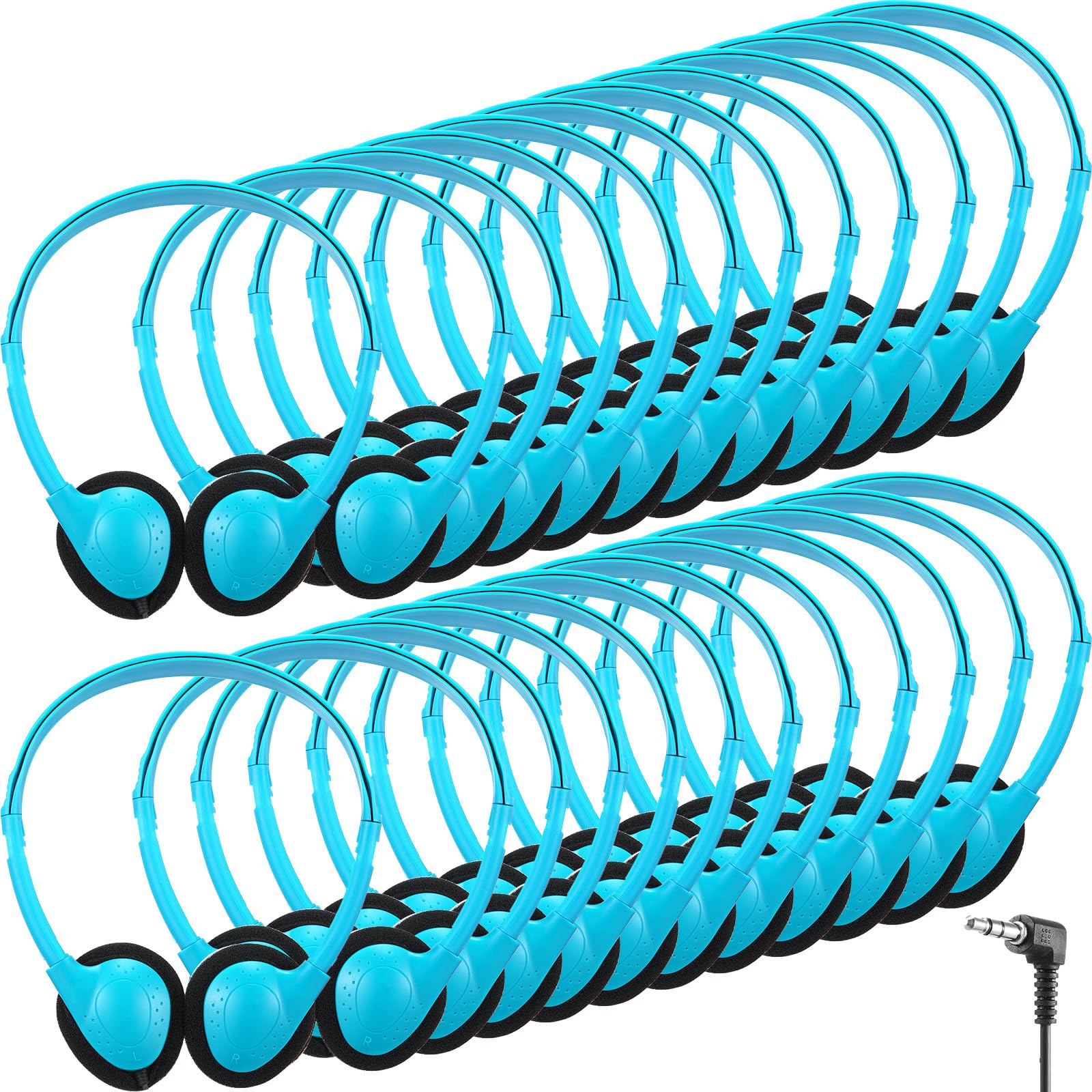 Konohan 30 Pack Headphones Bulk Headphone for School Classroom Student Wired Headphones Adjustable with 3.5 mm Jack for Adults (Sky Blue)