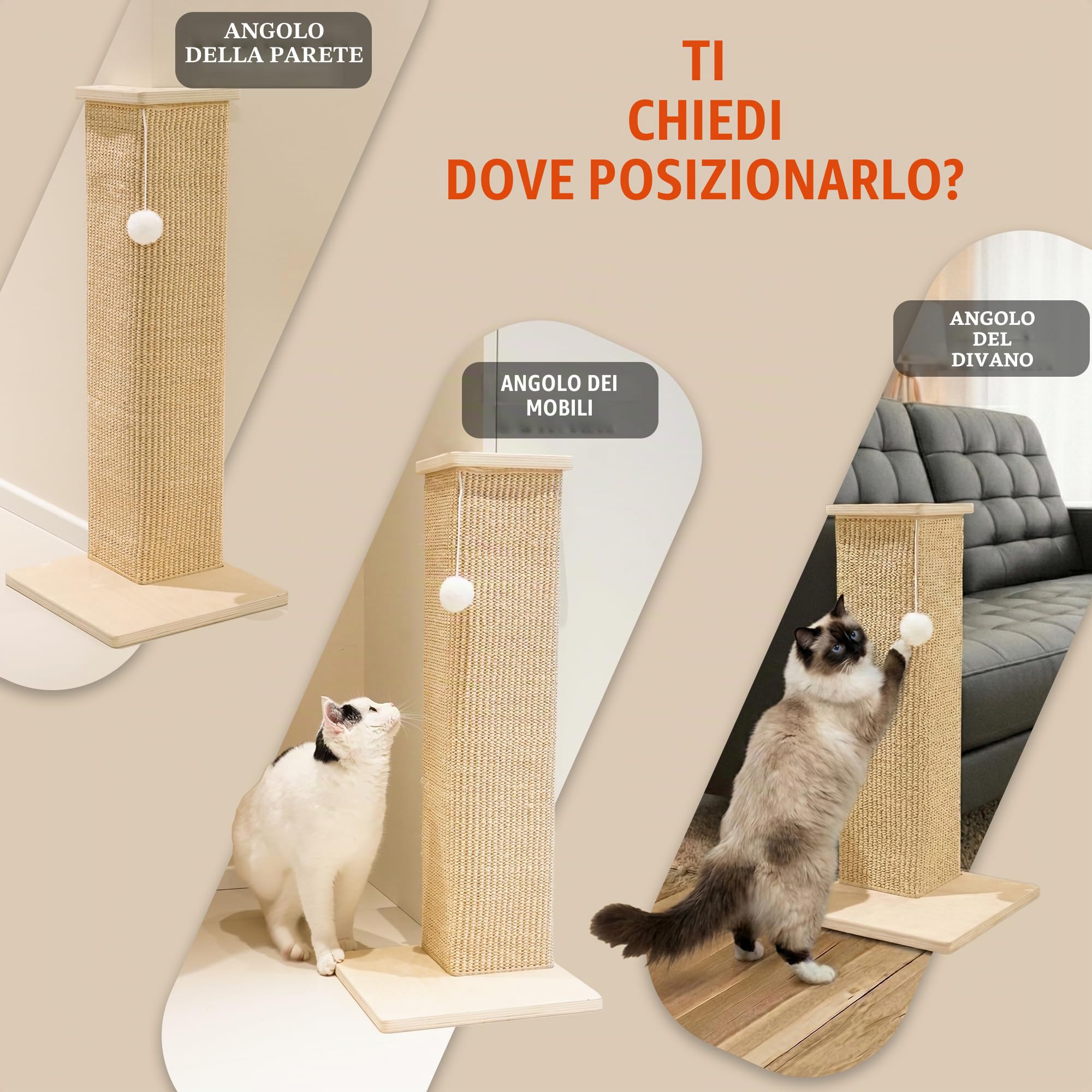 PETKARAY Tiragraffi angolare per gatti, altezza 71 cm, in sisal, per divano e parete, tappetino antigraffio in sisal, protezione per mobili con palla da gioco, misura grande