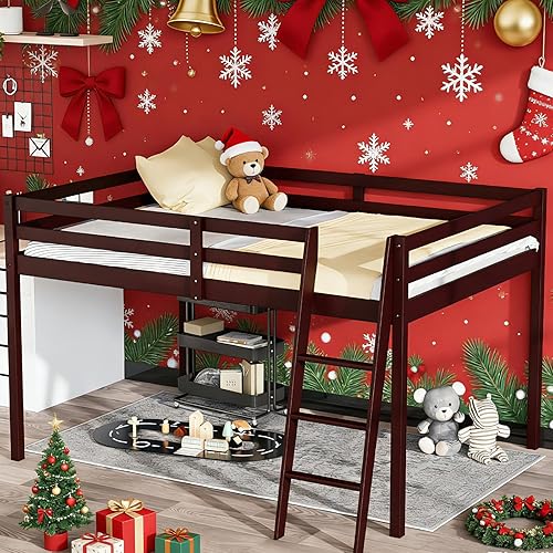 Miniatura 11 de Vingli - Cama junior tipo loft baja con escalera, cama tipo loft de madera blanca de tamaño completo para adultos, niños y adolescentes jóvenes, no