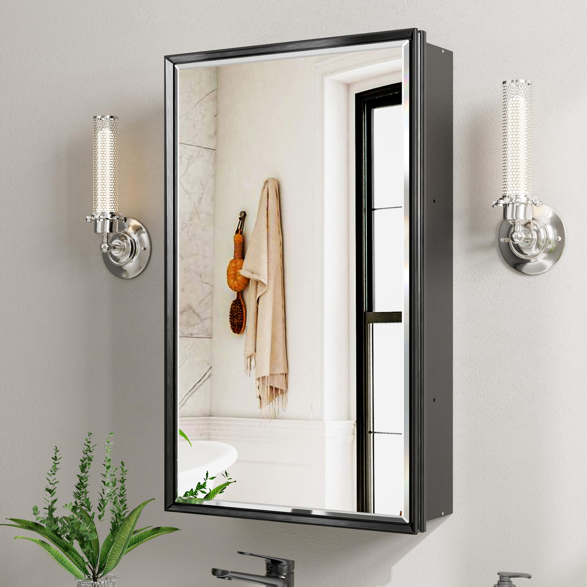 16x26 Pre-Assembled Black Medicine Cabinet with Mirror, Surface or Recessed Medicine Cabinet Mirror for Bathroom, Beveled Aluminum Frame Bathroom Vanity Mirror with Adjustable Shelves Storage