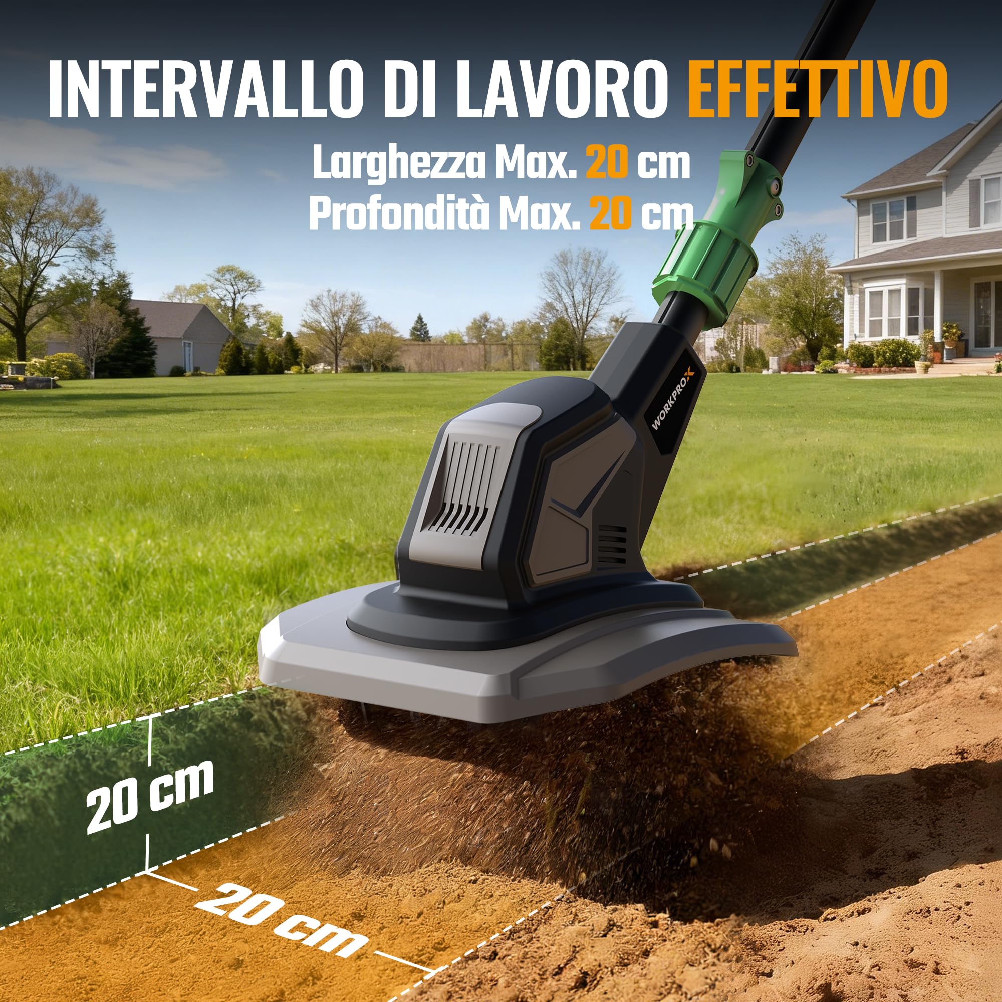 WORKPROX Motozappa Elettrica Senza Fili 20V, Lavoro 20 cm x 20 cm, Velocità 280 giri/min, Motozappa a Batteria da 4,0 Ah, Leggera 4,7 kg, Compatto per Giardino, Orto e Frutteto