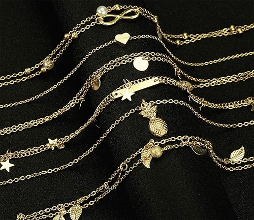 Miniatura 5 de FUNEIA Juego de 1216 tobilleras para mujer, tobilleras de oro plateado, estilo bohemio, en capas, cadena ajustable, tobillera y pie, Aleación.