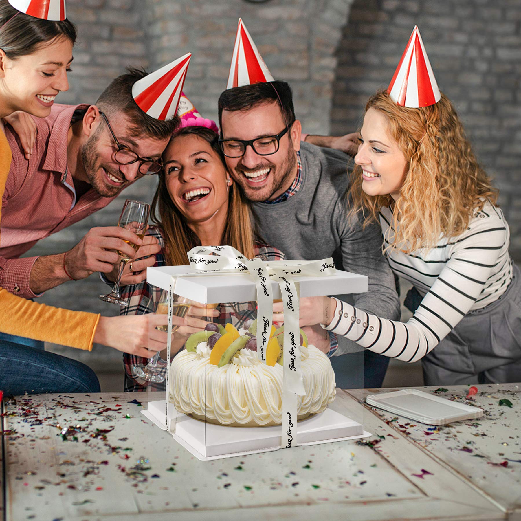 Caja transparente para pasteles, paquete de 2 contenedores para tartas de 10 x 10 x 9 pulgadas con cinta transparente con tapa, paquete de regalo para cumpleaños, boda, color blanco