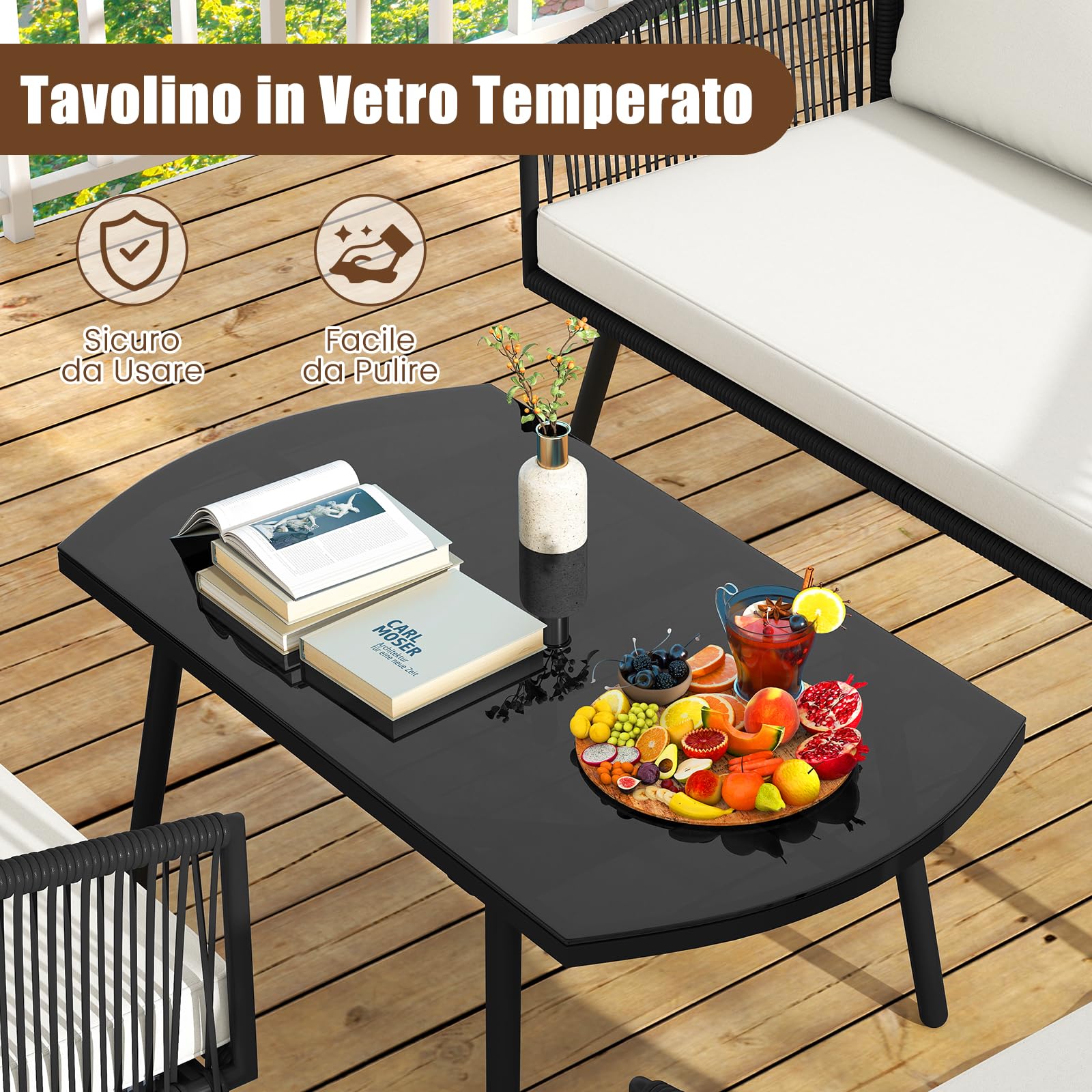 COSTWAY Set di 4 Pezzi in Corda PE da Giardino, Set Bistrò con Divano, Tavolino in Vetro Temperato, 2 Poltrone e Cuscini, Mobili da Giardino da Esterno per Cortile e Piscina