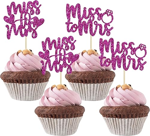 Miniatura 1 de Gyufise 36 piezas de Miss to Mrs Cupcake Toppers Anillo de diamantes con purpurina para boda, compromiso, cupcake picks para despedida de soltera,