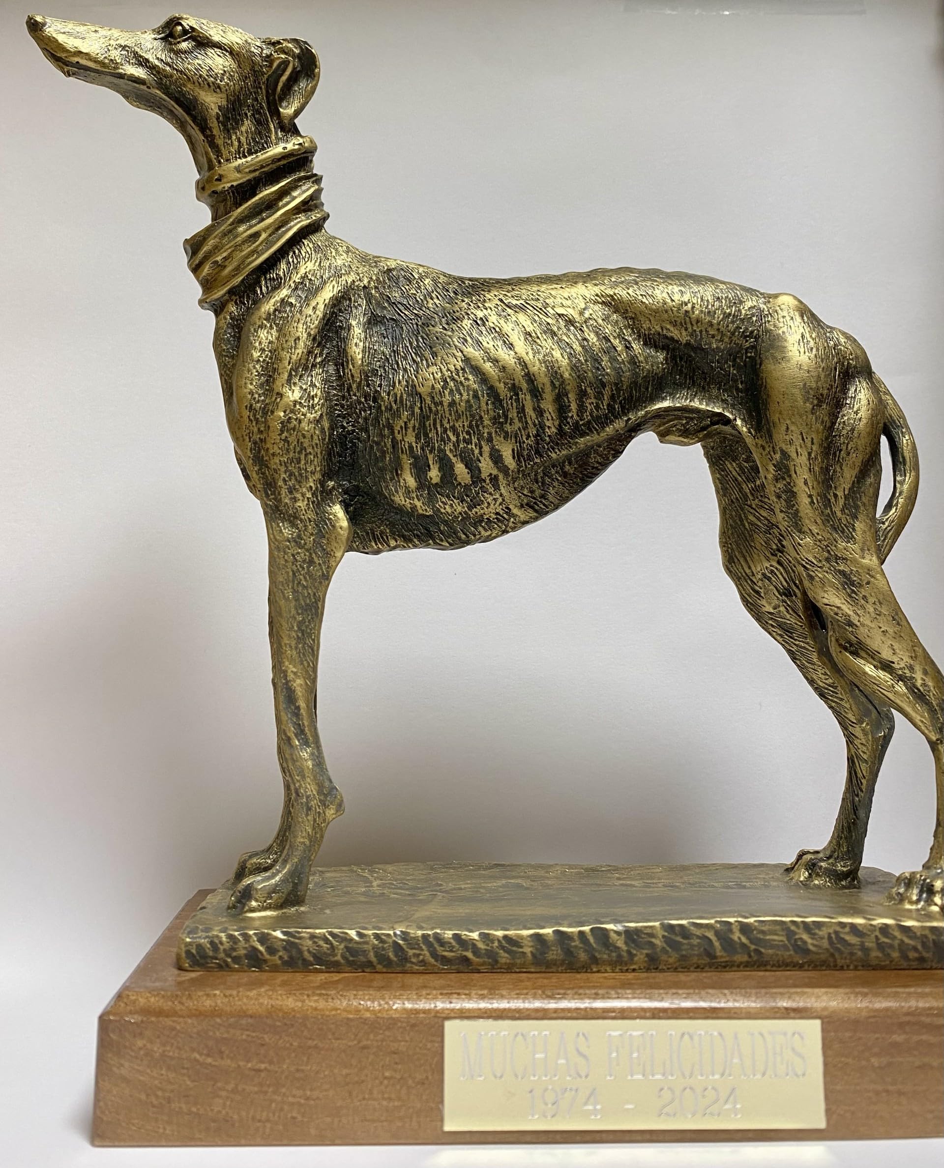Figura Galgo GRABADA Escultura Personalizada con Nombre Perro de Resina Dorada y pena de Madera