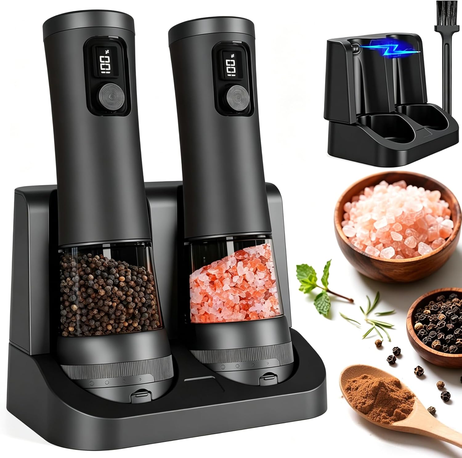 Electric Salt and Pepper Grinder Set, Battery Display Rechargeable Base, External 5 Adjustable Coarseness, Stainless Steel Frosted Finish Automatic Salt & Pepper Shakers Mill with LED Light