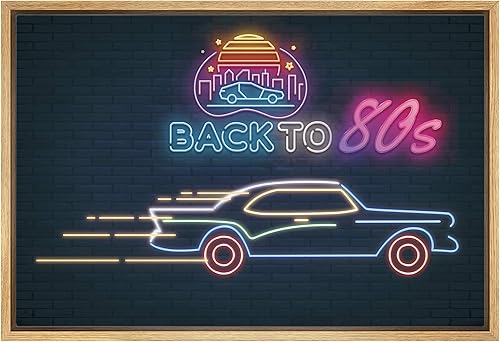 IDEA4WALL Lienzo enmarcado para pared, diseño retro vintage de los años 80, luz de neón, transporte, coches, ilustraciones, arte pop, elegante,