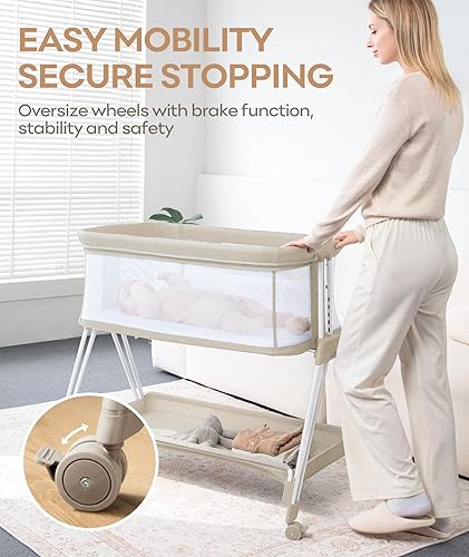 Miniatura 4 de Moisés de noche para bebé, cuna de malla de 4 lados con ruedas y bandeja de almacenamiento, cuna de noche ajustable de 7 alturas para recién