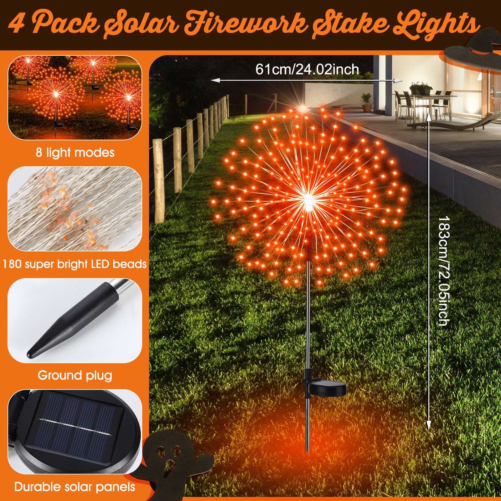 Tujoe Lot de 4 lampes solaires sur piquet 180 LED, 8 modes, étanches, décoration d'extérieur pour allée, jardin, terrasse, allée, cour, pelouse (orange)