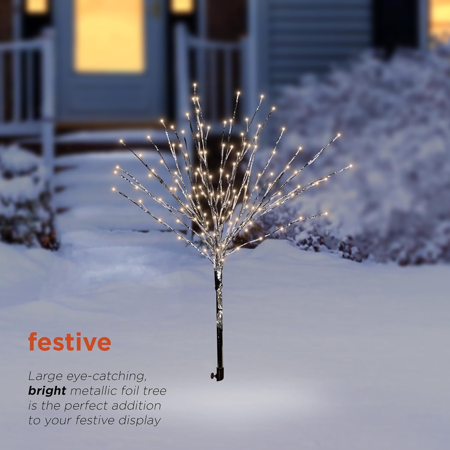 Alpine Corporation 39" Tall Metallic Foil Tree Stake with 140 LED Lights, Plug-in Indoor/Outdoor Christmas Decoration for Yard, Lawn, Garden, Porch Display, Warm White