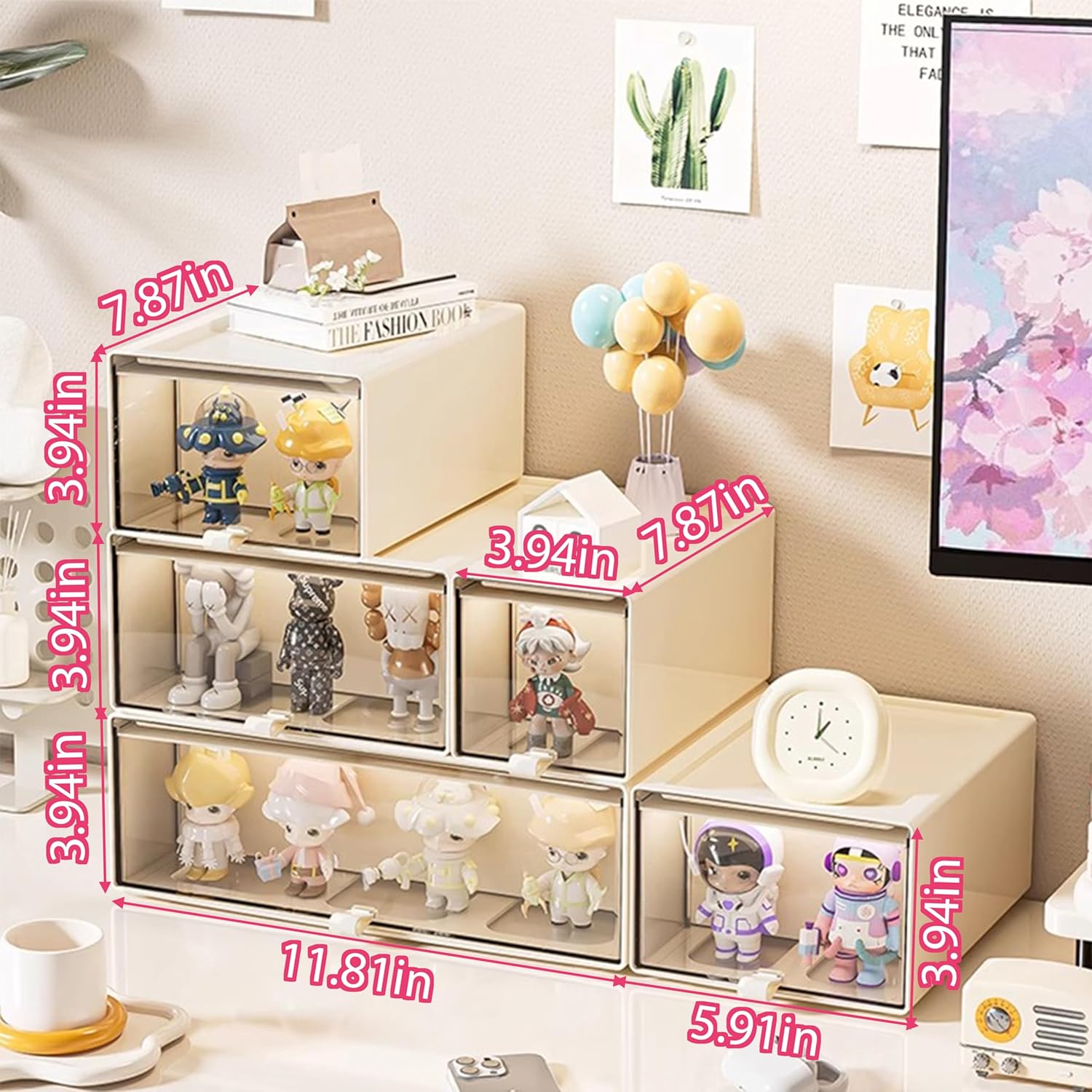 Combination Figurine Storage Display Cabinet, Drawer Figurine Storage Cabinet,Transparent Dustproof Multifunctional Storage Box Collection Display Rack for Pop Popmart Figures (【S】+2PCS【M】+【L】+【XL】)