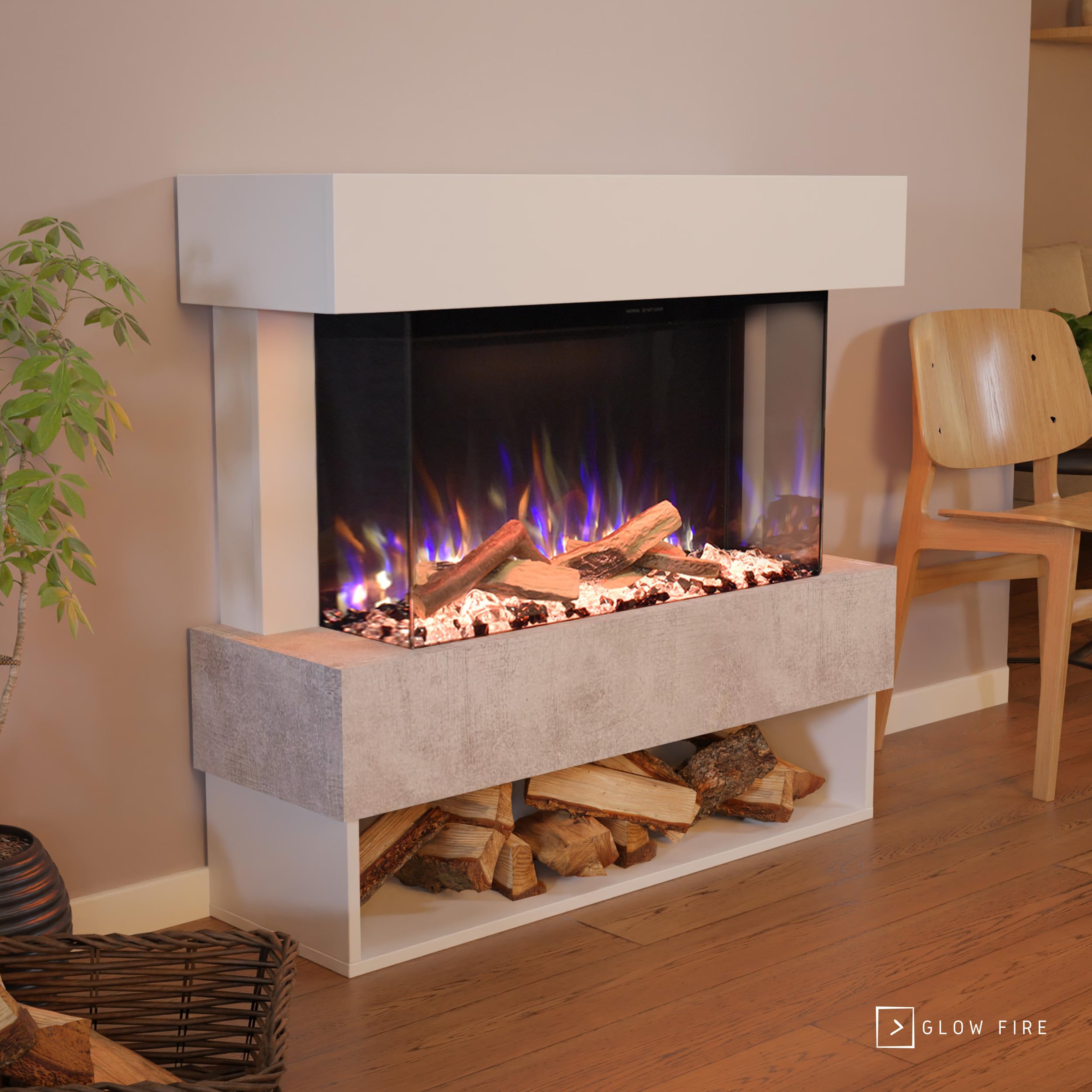 GLOW FIRE Kaminofen PR5 mit realistischem 3D E-Motion LED-Feuer - Stand-Elektrokamin mit Heizung, Kaminfeuer & Timer, max. 1500 W, 111x103,8x35, Weiß (Beton)