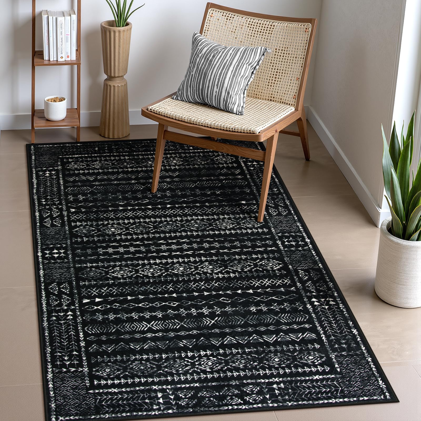 Zealude Boho Washable 3x5 Area Rugs for Kitchen Floor Entry, Black and White Rug Modern Indoor Mats for Entryway Non Slip, Moroccan Geometric Carpet