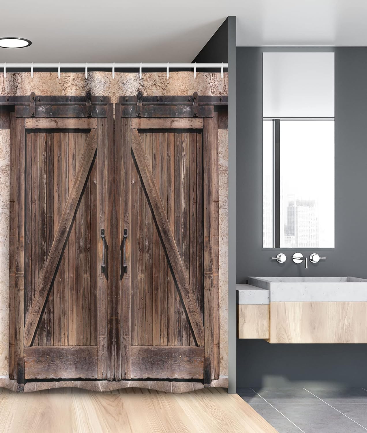 Ambesonne Rustic Stall Shower Curtain, Wooden Barn Door in