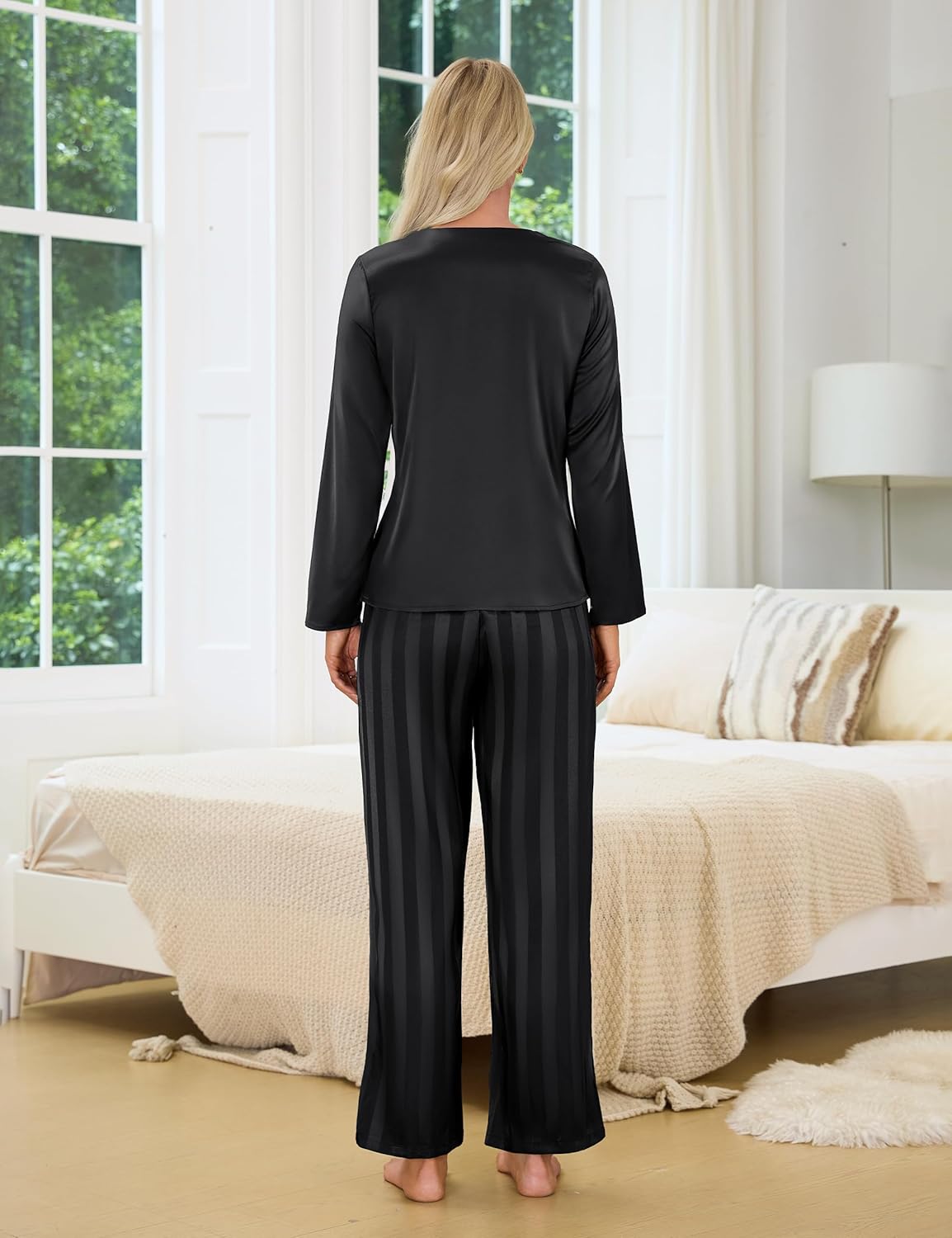 Blooming Jelly Silk Satin Pajamas for Women 2 Piece Long Sleeve Pj Set Crew Neck Sleepwear Loungewear - Image 3