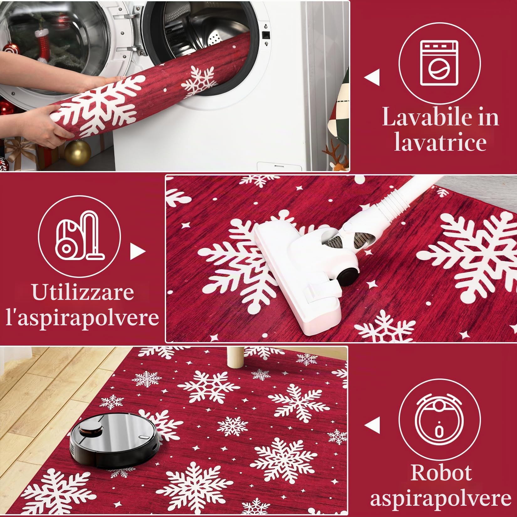 Garvee Tappeto Lavabile Natalizio per Soggiorno, Antiscivolo con Motivo Fiocco di Neve, Decorativo Pieghevole per Cucina e Camera da Letto