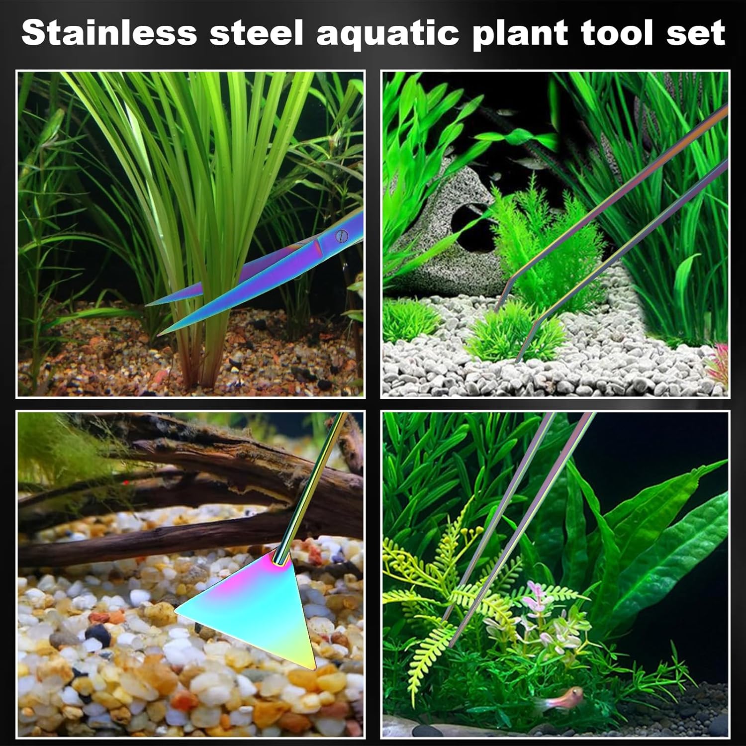 15Inch Extra Long Design Aquarium Aquascaping Tool Stainless Steel Aquascape Tool Kit 4 in 1 Anti-Rust Fish Tank Starter Kit with Long Tweezers Scissors Spatula for Aquarium Plants (Colorful)