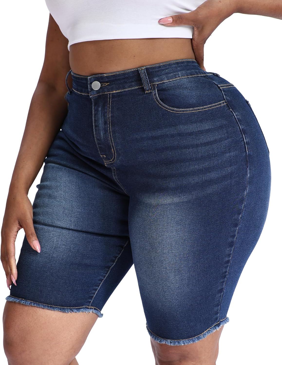 Women's Plus Size High Waisted Stretchy Jean Shorts 10" Inseam Raw Hem Denim Bermuda Shorts - Image 3