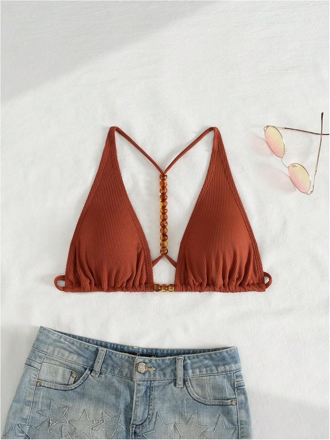 Milumia Women's Beaded Triangle Bikini Top Halter Tie Backless Bathing Suit Tops Swimwear - Image 5