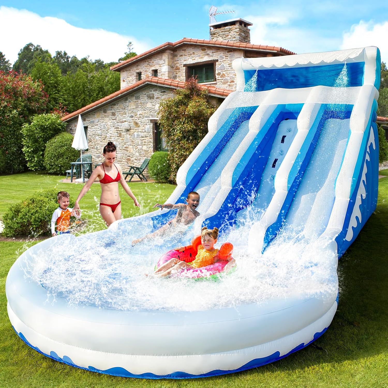 Grade Water Slide Inflatable with Pool for Kids Double Slide with Pool & Blower Water Tube for Kids and Adults, Oxford, Wet Dry Use, Party Gift-(Bule) - New