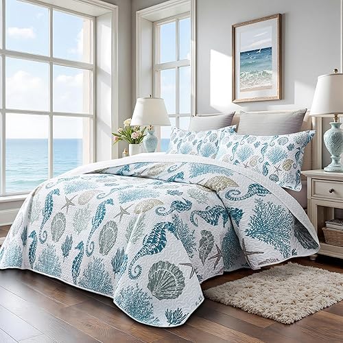 Miniatura 8 de Coastal Bedding - Juego de edredón costero tamaño Queen con 2 fundas, juegos de edredón náutico de playa con océano, colcha azul de seaturtle de