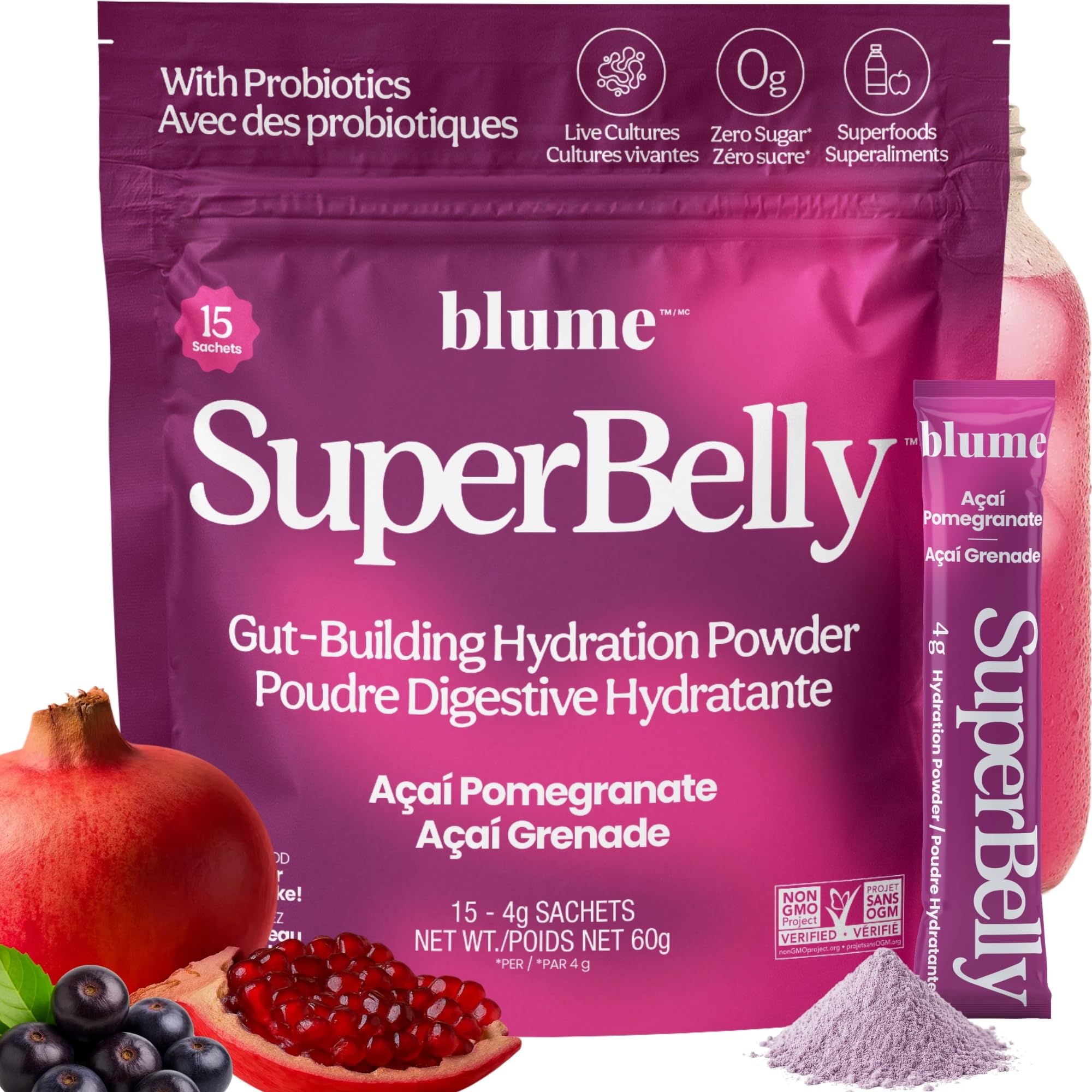 Blume SuperBelly Gut Health + Hydration, Daily Sugar Free Probiotics, Inulin Fiber, and Hydrating Minerals Powder Packets for Digestion Support - Açai Pomegranate, 15 Sticks - 1