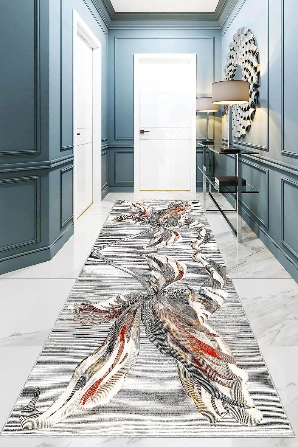 Pelangi Lilyum Çiçek Desenli Eskiz Dijital Baskı Yıkanabilir Modern Salon Halı ve Yolluk, Gri 100 x 250, 95547301002507