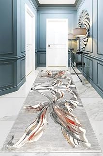 Pelangi Lilyum Çiçek Desenli Eskiz Dijital Baskı Yıkanabilir Modern Salon Halı ve Yolluk, Gri 100 x 250, 95547301002507