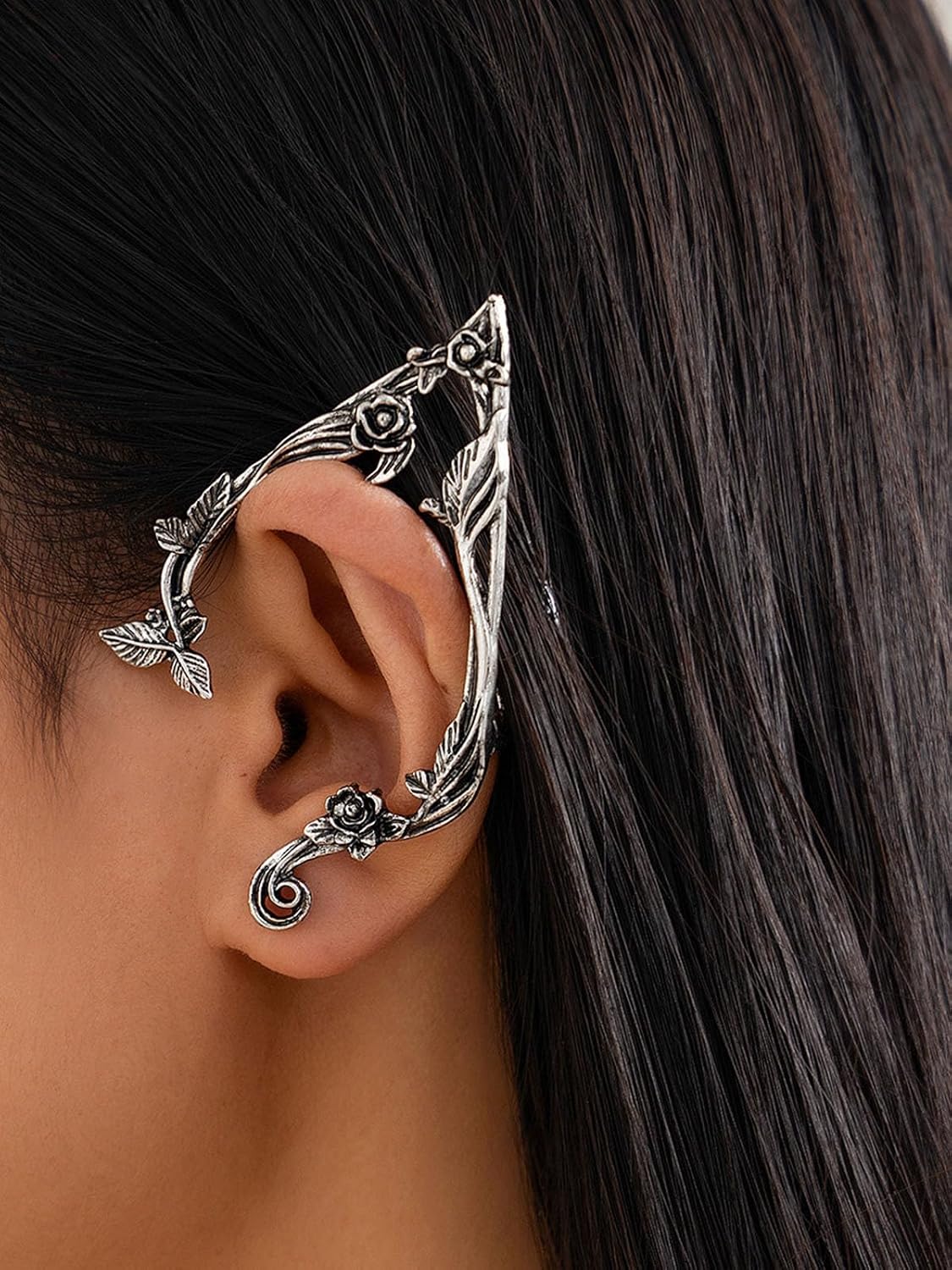 Gothic Elf Ear Cuffs Wrap 2Pcs for Women Silver Gold Cartilage Climber Piercing Earrings Floral Vine Punk Clip-On Statement Retro Jewelry Unique Halloween