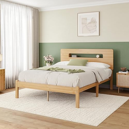 ZIYOO Solid Bamboo Wood Queen Bed Frame with Storage Headboard,