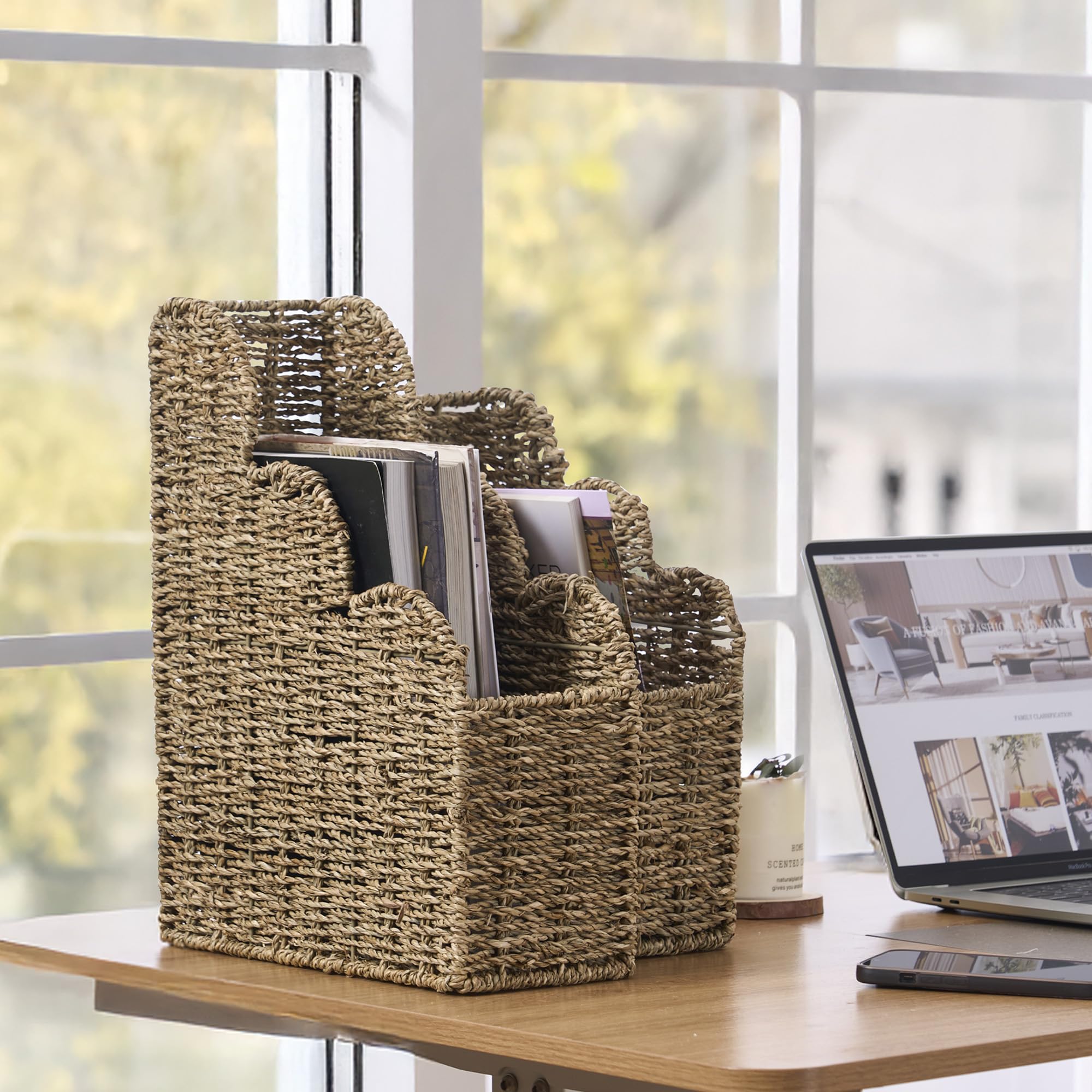 BROWNLILY Seagrass Magazine Holder Set of 2 - Natural Seagrass Organizer and Storage in Bedroom Bathroom Hand-woven Book Basket for Living Room, Home, Office