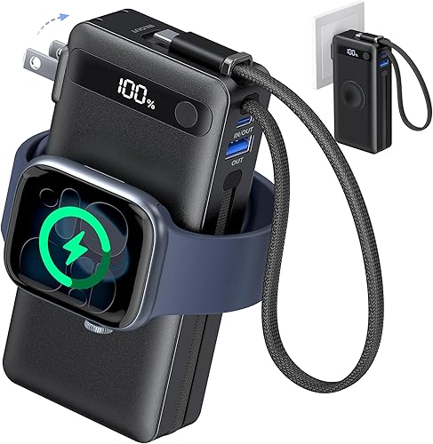Cargador portátil nano 5 en 1 para iPhone y Apple Watch, cargador portátil de 10,000 mAh con enchufe de pared de CA integrado y cables, carga rápida