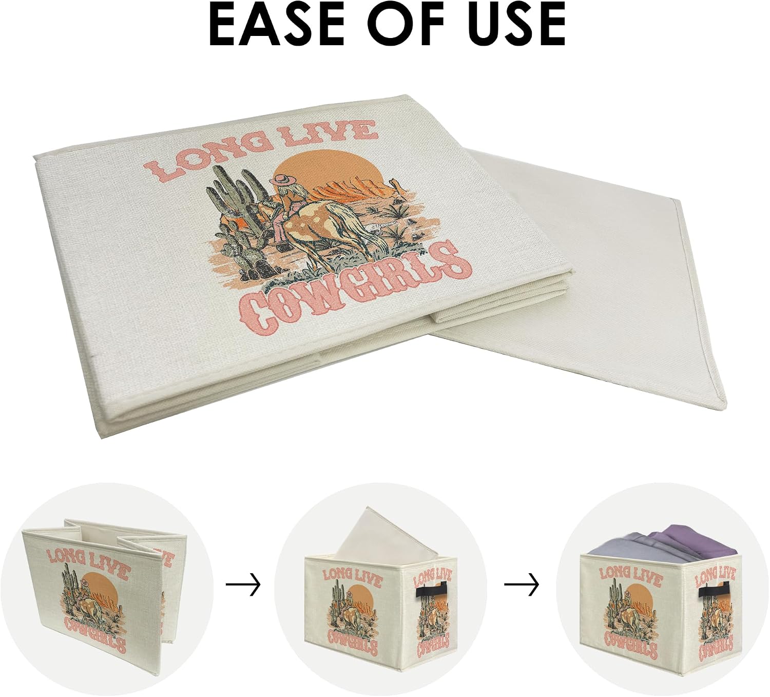 Knibeo Vintage Western Cowgirl Fabric Storage Bins for Shelves Closet, Long Live Cowgirls Retro Country Cactus Collapsible Cube Baskets Organizer for Clothes Books Toys