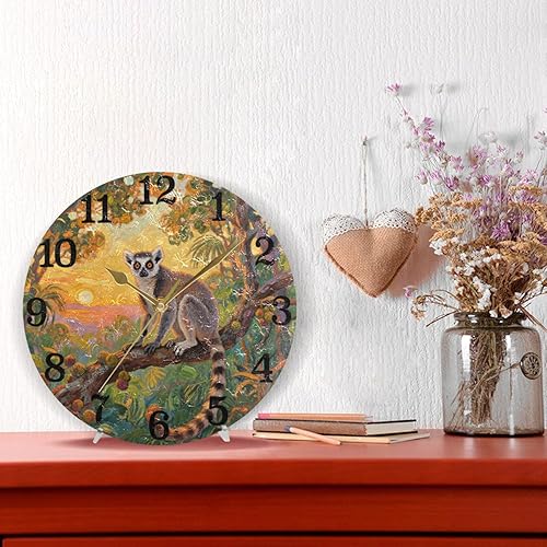 Miniatura 6 de KLL Brown Rings-Tailed Lemur Jungle 10 Inch Round Wall Clock Retro Non Ticking Deco for Home Hotel Office reloj para cocina de pared