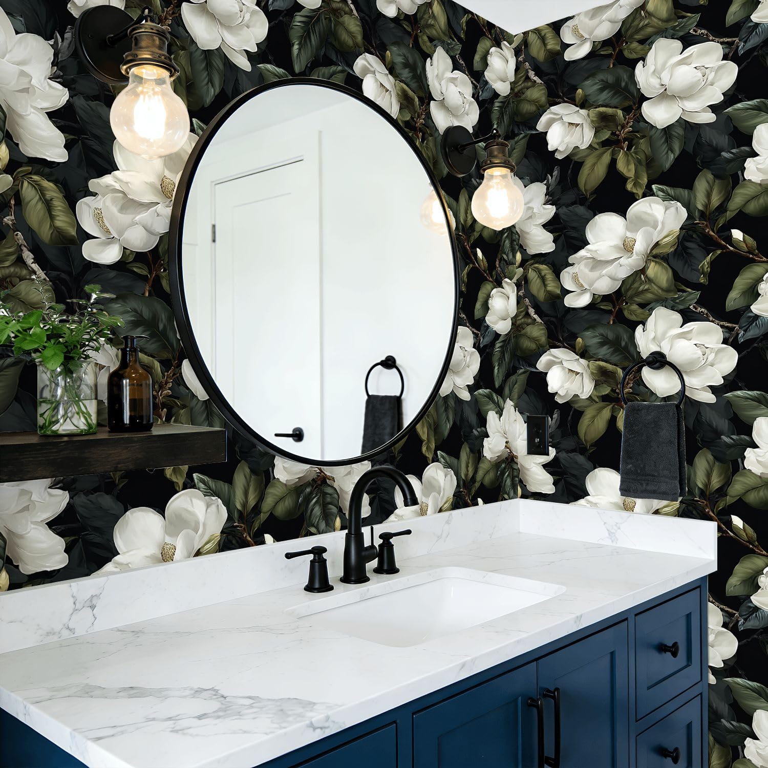 Rivestimento per mensole e armadietti, elegante bianco magnolia fiori verde scuro foglie nere autoadesivo per cassetti 45 cm x 3 m carta da parati per mobili da cucina