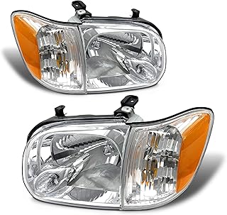Headlight Assembly for 2005-2006 Toyota Tundra Double/Crew Cab and 2005-2007 Sequoia Headlamp Replacement - Chrome Housing, Clear Lens (Not compatible with Regular Cab and Access Cab)