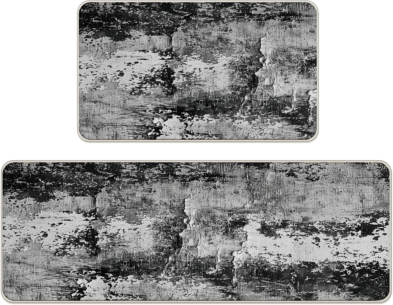 Farmhouse Black White Abstract Kitchen Rugs Set of 2, Industrial Style Texture Modern Art Floor Mats Home Decor, Vintage Distressed Monochrome Door Mat Decorations - 17x29 and 17x47 Inches
