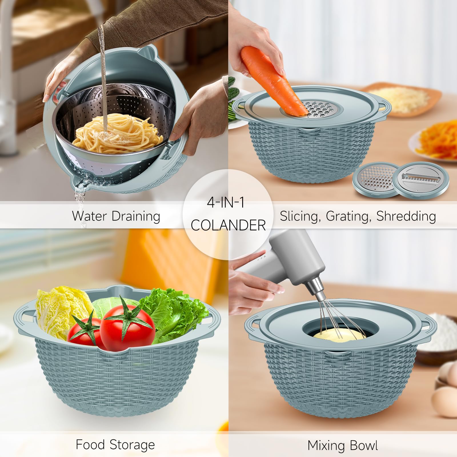 Juego de colador 4-1 con cuenco y cucharas, coladores y coladores (patentados), coladores para cocina, colador de alimentos con ralladores y cucharas mejorados, cuenco de frutas para pasta, frutas