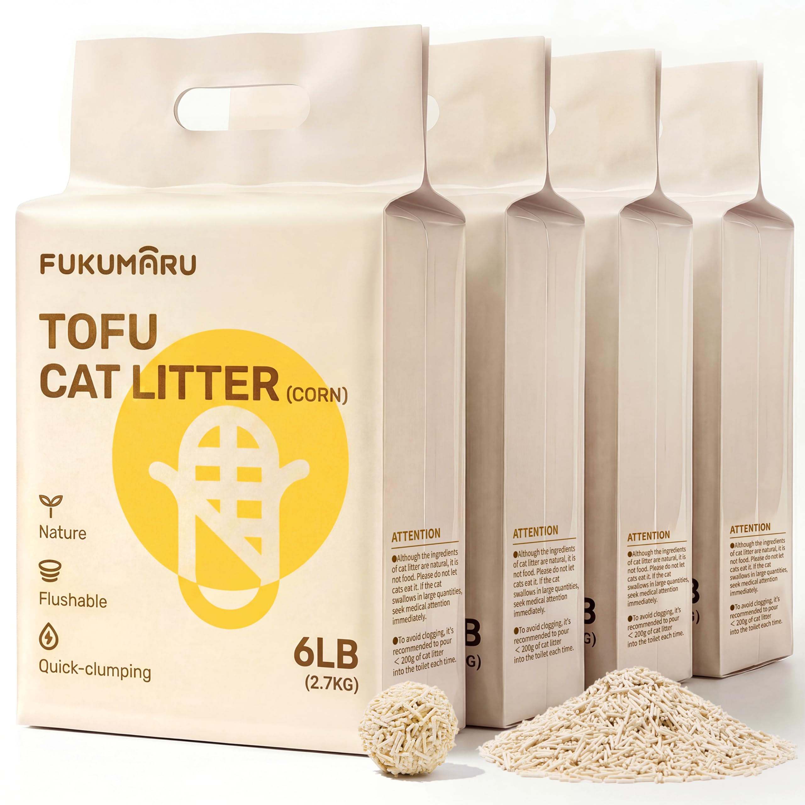 FUKUMARU Lettiera per Gatti al Tofu - 24L / 10,8kg, Lettiera Agglomerante Naturale di Mais e Fagioli, Senza Polvere, Biodegradabile, Agglomerazione Rapida, Controllo Odori Efficace, Smaltibile nel WC.