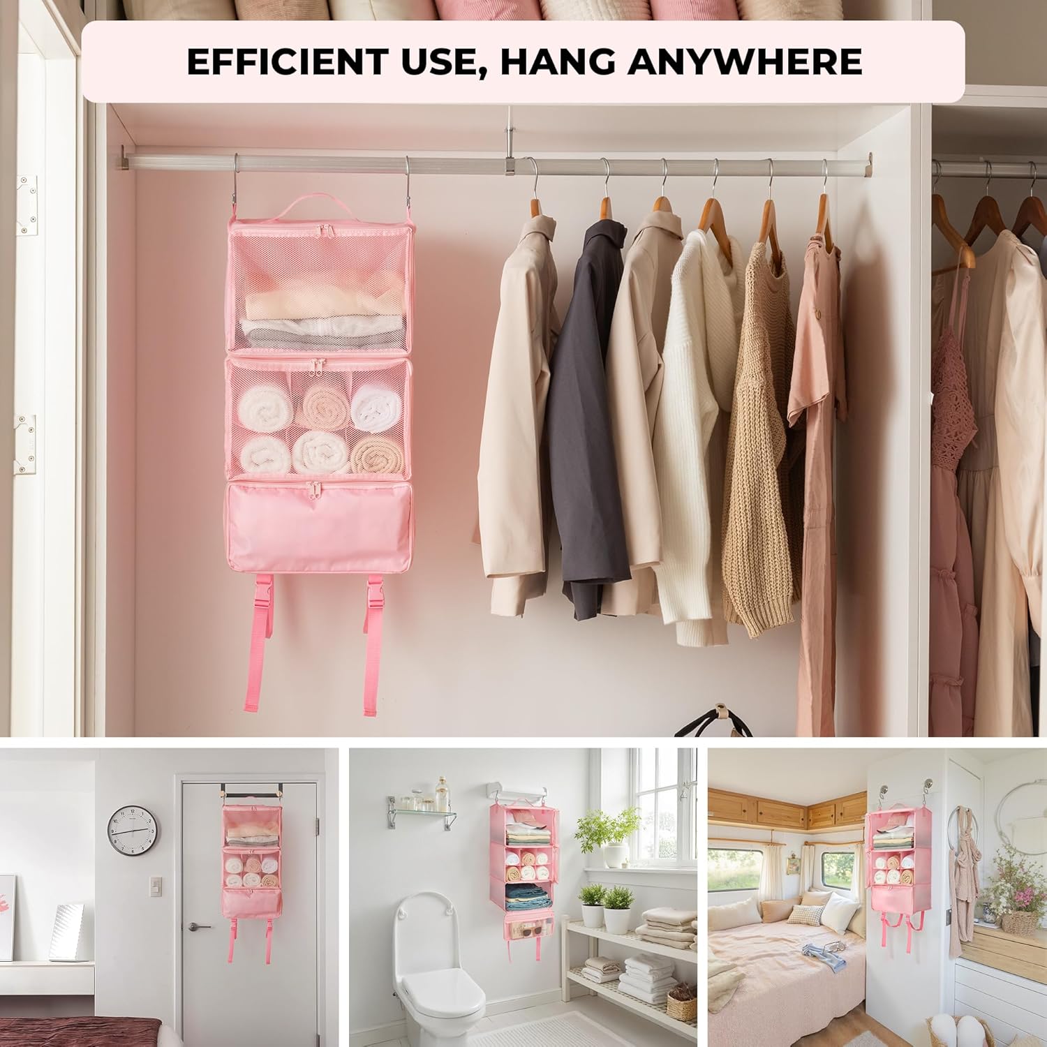 GRANNY SAYS Hanging Packing Cubes for Travel, Large Portable Hanging Suitcase Organizer, Foldable Compression Luggage Organizer Bags for Clothes, Carry on Closet Suitcase, XL-Pink Travel Shelves