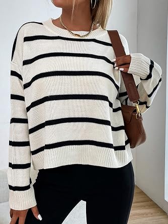 GORGLITTER Women's Striped Drop Shoulder Sweater Oversized Crew Neck Knit Sweaters Pullover Top