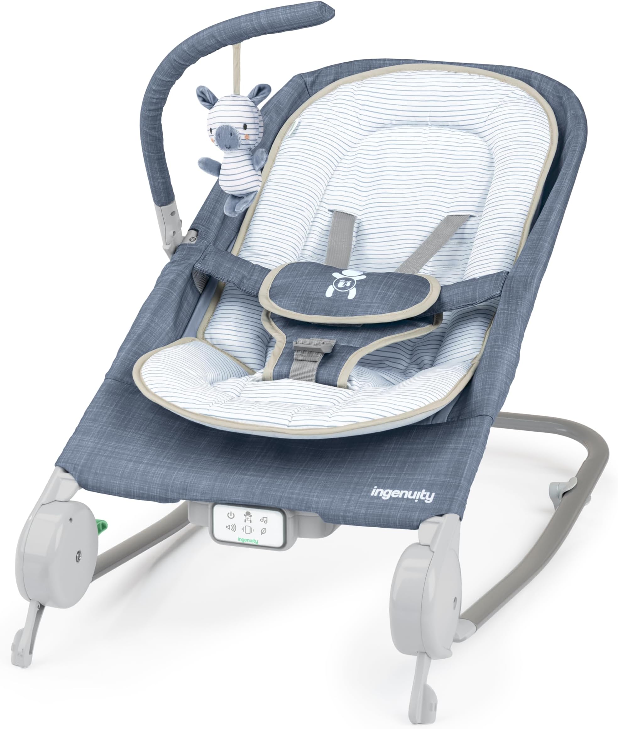 Gas Relief and Anti-Colic Baby Bouncer Seat and Rocker, Gentle Belly Massage to Relax and Soothe Bellies, Instant Tummy Soother, 20 Songs and Melodies – Chambray Blue