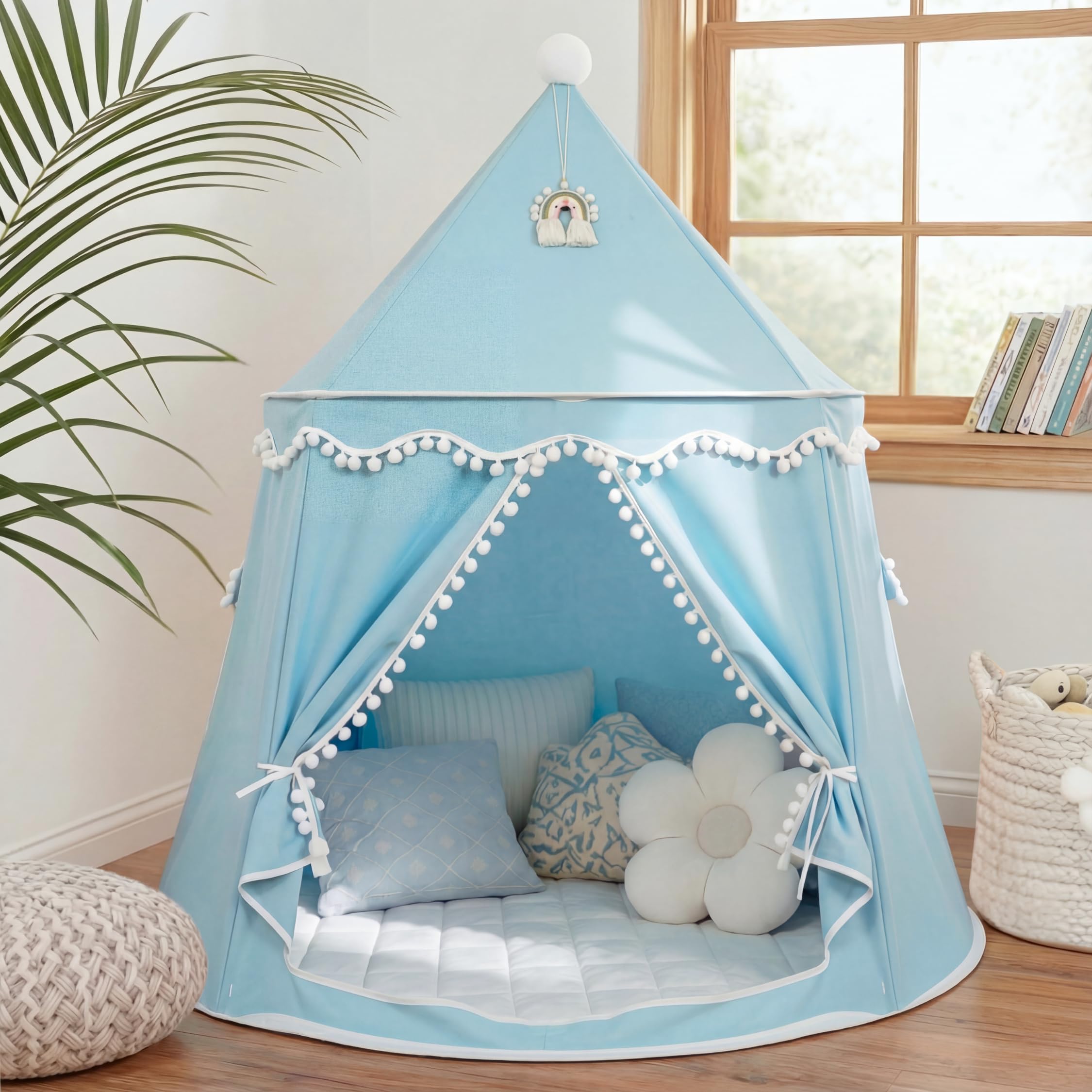 LIONHERZ® DAS ORIGINAL Spielzelt für Kinder, atmungsaktiv aus Baumwolle&Hanf | Prinzenschloss mit Fiberglasstangen, Tasche, Matte und Deko | stabiles Tipi Jungen Indoor (Himmelblau, mit Zubehör)