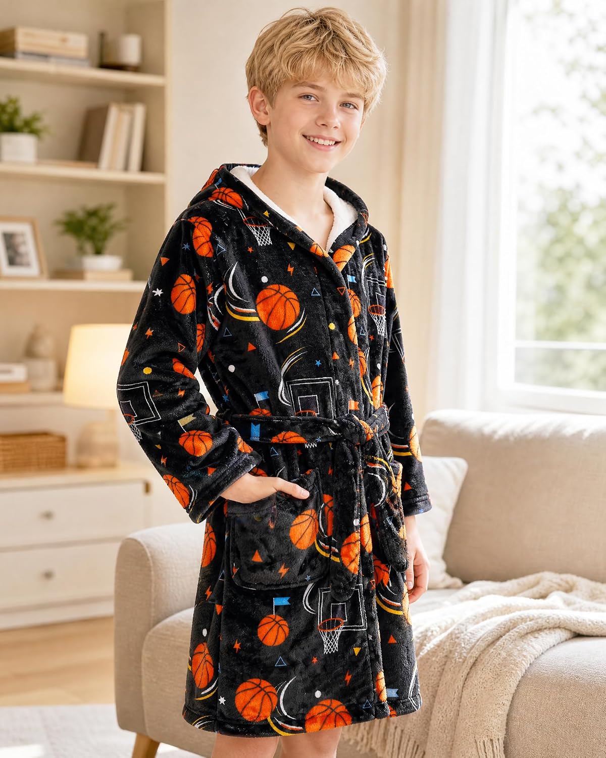 Boys Fleece Robe Kids Hooded Bathrobe Soft Loungewear Warm Sleepwear 7-14 Years