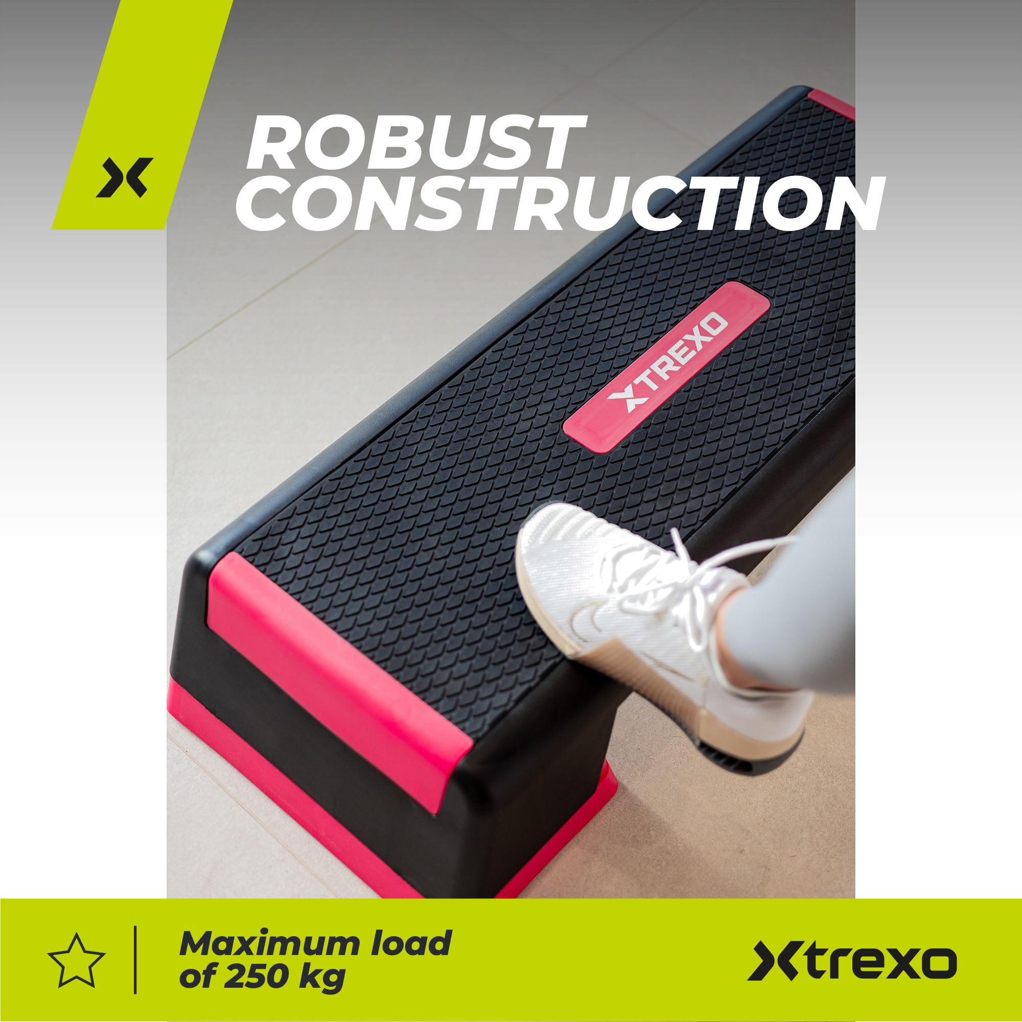 TREXO Paso aeróbico 98 x 38 cm para entrenamiento cardiovascular y fitness, altura regulable 15-20-25 cm, polipropileno duradero y TPR aeróbic step de alta calidad hasta 250 kg, color rosa