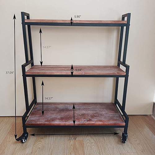 Miniatura 4 de YCCO Soporte rústico para plantas con ruedas, estantes de plantas rodantes para interiores y exteriores, soporte de metal para plantas con madera