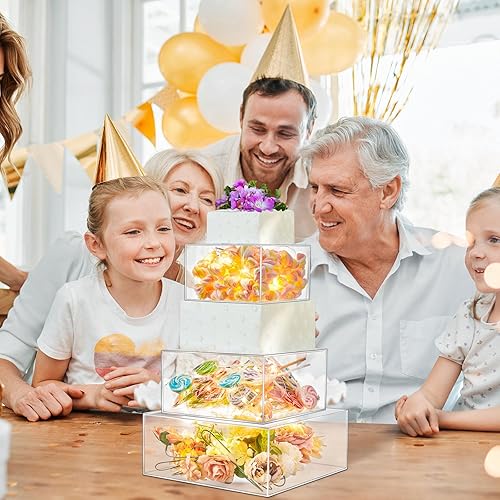 Miniatura 7 de 3 soportes cuadrados de acrílico para tartas, 3 niveles, transparente, rellenable, con cadena de luces LED, soporte para cupcakes con tapa para